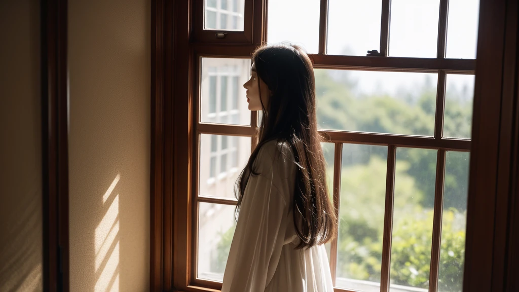 A daughter,Sense of space, A woman with long hair standing in front of a window