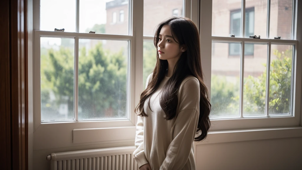 A daughter，Sense of space, A woman with long hair standing in front of a window