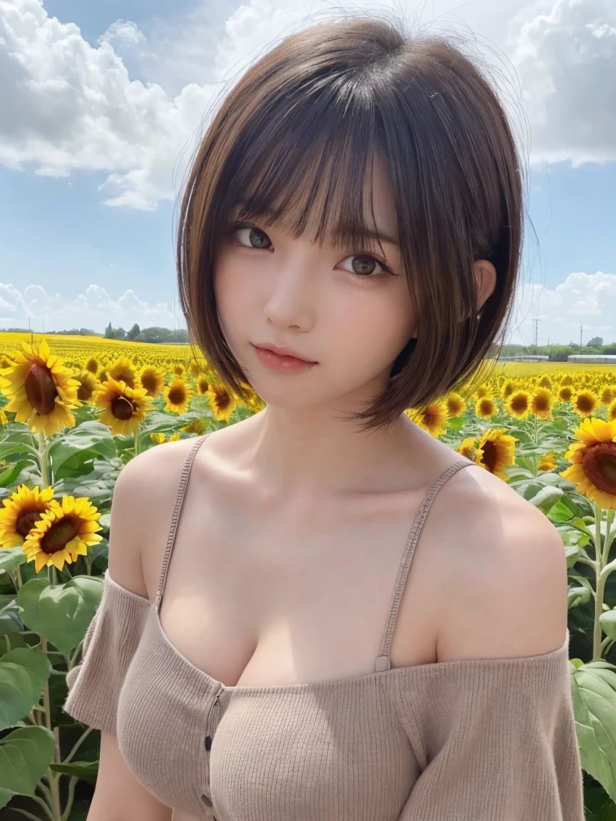 One Girl, (beautiful girl, Delicate girl:1.3), (:1.3),
break, (Off-the-shoulder tops:1.2),
break, (Sunflower field background:1.2),
break, Very beautiful eyes, (Symmetrical eyes:1.3),
break, (Big Breasts:1.3), Brown eyes, Parted bangs, Brown bob cut hair, Round face, cute,
break, (Eye and facial details:1.0),
break, (masterpiece, Highest quality, Very detailed, Detailed face, 8K)