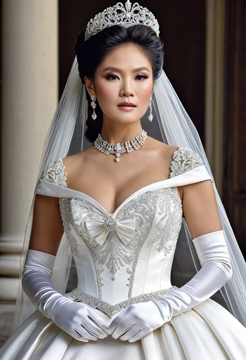 Julie Chen Moonves modeling in a majestic, outdoor setting, adorned in a shimmering white satin bridal gown boasting a voluminous princess skirt, an elongated trail, a harmoniously fascinating veil, and an intricately laced and diamond-encrusted bodice with a bow. Victorian style wedding gown with lace, frills and ribbons. Elaborate victorian updo hairstyle. ribbon belt on waist, Crowning her head is a princess's tiara, while diamond earrings and necklace sparkle in contrast with the white satin of her elbow-length opera gloves, realistic, 4k, hd, detailed, perfect anatomy, perfect hands, perfect face