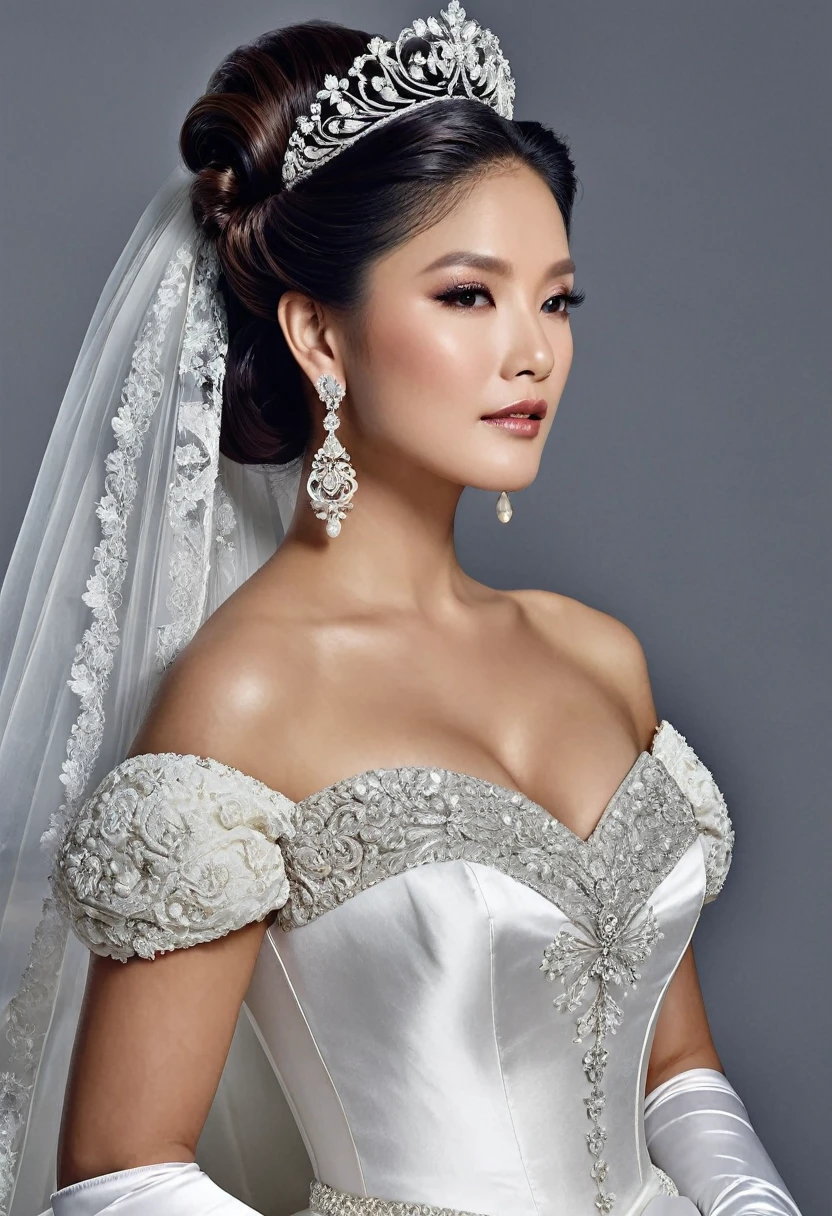 Julie Chen Moonves modeling in a majestic, outdoor setting, adorned in a shimmering white satin bridal gown boasting a voluminous princess skirt, an elongated trail, a harmoniously fascinating veil, and an intricately laced and diamond-encrusted bodice with a bow. Victorian style wedding gown with lace, frills and ribbons. Elaborate victorian updo hairstyle. ribbon belt on waist, Crowning her head is a princess's tiara, while diamond earrings and necklace sparkle in contrast with the white satin of her elbow-length opera gloves, realistic, 4k, hd, detailed, perfect anatomy, perfect hands, perfect face