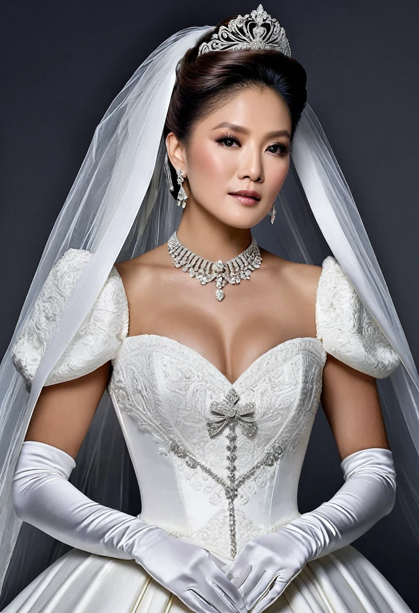 Julie Chen Moonves modeling in a majestic, outdoor setting, adorned in a shimmering white satin bridal gown boasting a voluminous princess skirt, an elongated trail, a harmoniously fascinating veil, and an intricately laced and diamond-encrusted bodice with a bow. Victorian style wedding gown with lace, frills and ribbons. Elaborate victorian updo hairstyle. ribbon belt on waist, Crowning her head is a princess's tiara, while diamond earrings and necklace sparkle in contrast with the white satin of her elbow-length opera gloves, realistic, 4k, hd, detailed, perfect anatomy, perfect hands, perfect face 