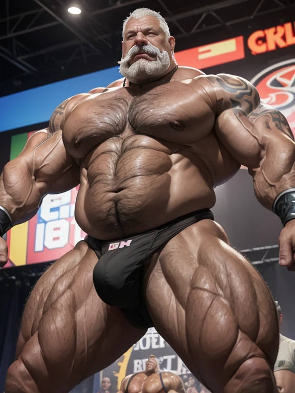 Hyperrealistic image of an extremely old and very sweaty gray-haired bodybuilder superhero over 80 years old, very muscular and fat, more than 200 kilos, with bare torso, large and flaccid pectorals, brown nipples and big gray mustaches with huge tattooed arms posing on stage at a bodybuilding tournament wearing a silver thong