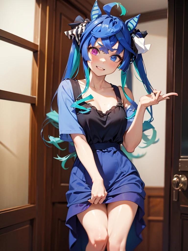 (masterpiece、top-quality、hight resolution), A scene in which a customer meets a designated sex worker in a waiting room. The scene is seen from the customer's point of view and depicts the sex worker approaching with a professional and friendly smile. The waiting room is simple and has a rugged atmosphere. The sex worker is wearing an attractive cocktail dress and is confident and charming. The sex worker says to the customer, "I'm not a sex worker. Come on, the room for fucking is this way. Let's get fucked!" Twin_Turbo_Umamusume, aqua hair, twintails, heterochromia, purple eyes, blue eyes, sharp teeth, multicolored hoodie, hores tails, nsfw, Glossy Dresses
