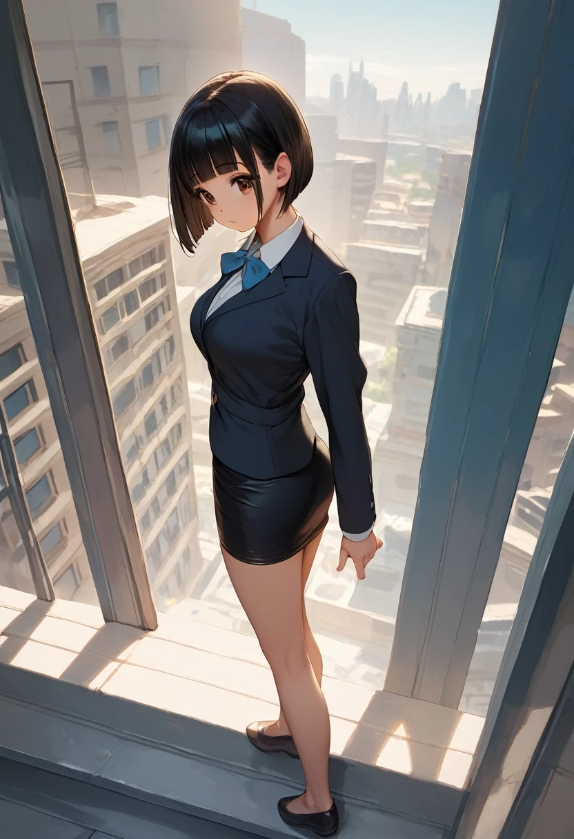score_9,score_8_up,score_7_up,masterpiece,best quality, source anime, realistic, super detailed, extreme detailed, rating_safe,
1girl, Looking down from the roof of a tall building, from above,
BREAK girl, 22yo, short hair, bob cut, (blunt bangs), black hair, (tareme, detailed cute brown eyes), curled eyelashes, (large breasts:0.9),
shiny hair, beautiful detailed eyes, beautiful face,
slender, small ass, slim legs,
white collared shirt, black tight mini skirt,