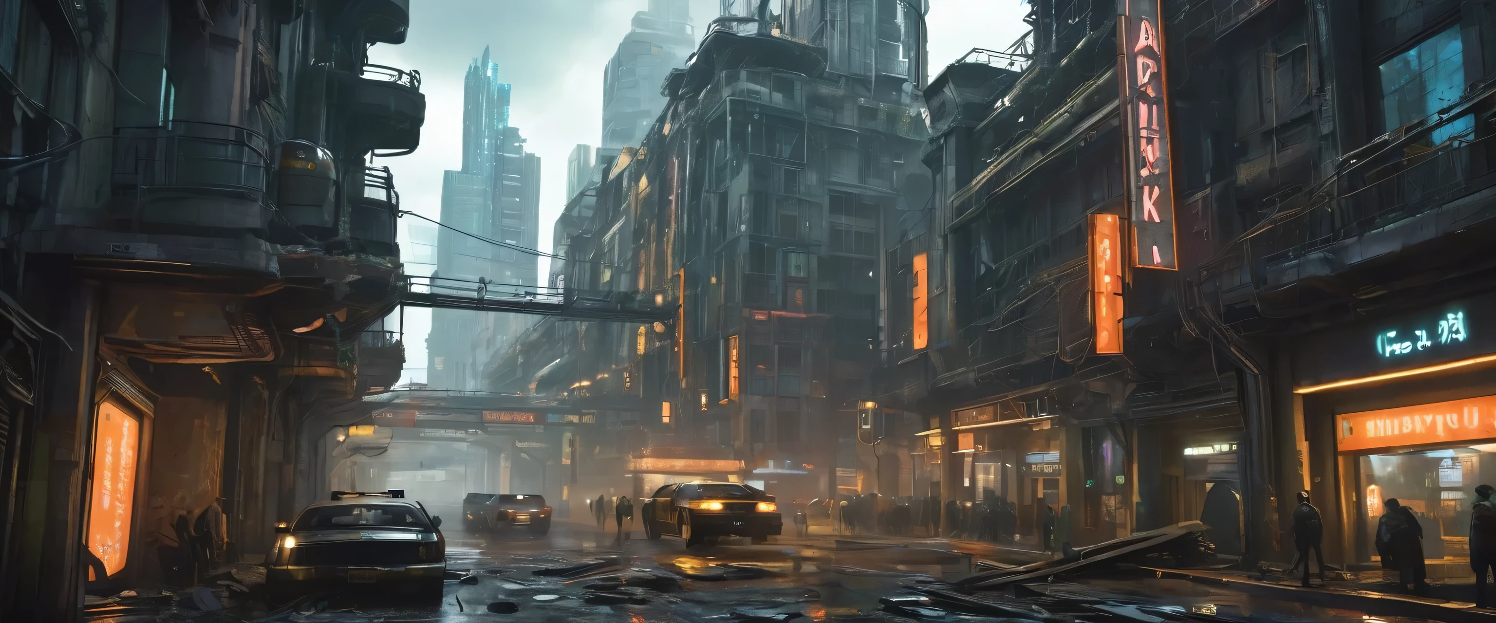 a terrifying biopunk cityscape, dystopian cyberpunk city, post-apocalyptic urban ruin, dilapidated buildings, crumbling infrastructure, abandoned streets, dark and gritty atmosphere, futuristic technology, ominous sky, glowing neon lights, sinister shadows, twisted organic elements, unsettling ambience, intricate details, cinematic lighting, hyper-realistic, award-winning, highly detailed, masterpiece, 8k, photorealistic
