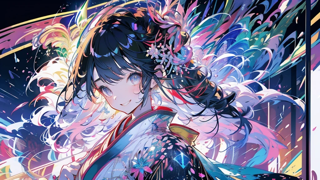 masterpiece、Rainbow Hair、Delicate eyes、smile、Delicate eyes、Hair tied up、Beautiful hair ornaments、kimono、(((firework)))、whole body