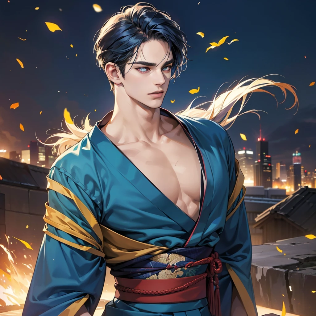 (Highest quality,4K,8K,High resolution,masterpiece:1.2),Super detailed,(Realistic,photoRealistic,photo-Realistic:1.37),breast enhancement,30-year-old male,Handsome Anime,No background,strong,Masculine,Dark blue hair,Sharp jawline,Captivating eyes,Medium Hair,kimono,青色のkimono,Confident expression,Vibrant colors,Dynamic Lighting