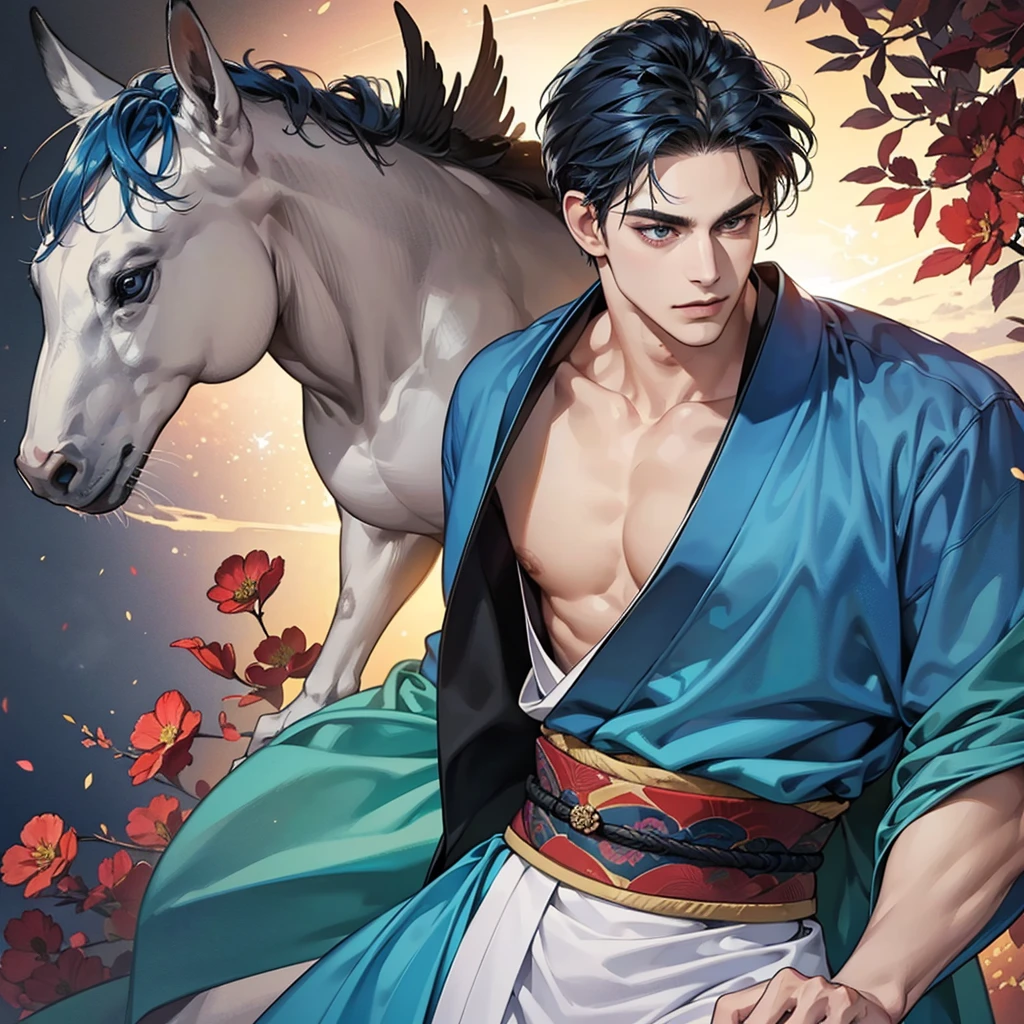 (Highest quality,4K,8K,High resolution,masterpiece:1.2),Super detailed,(Realistic,photoRealistic,photo-Realistic:1.37),breast enhancement,30-year-old male,Handsome Anime,No background,strong,Masculine,Dark blue hair,Sharp jawline,Captivating eyes,Medium Hair,kimono,青色のkimono,Confident expression,Vibrant colors,Dynamic Lighting