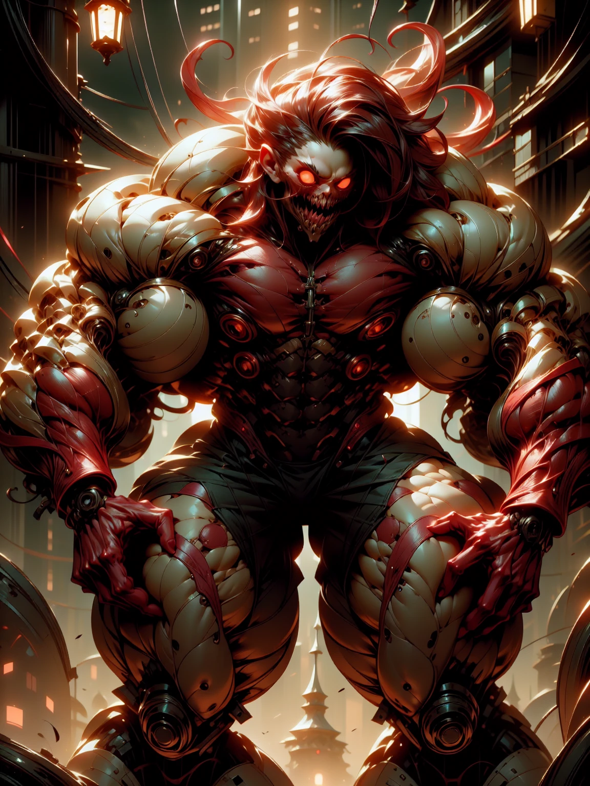 (1 girl), (megan fox), young girl, carnage muscular physique, seductive face, mouth wide open carnage style, long red hair, perfect muscular body, super skinny legs, cybernetic muscle suit, sissy, femboy, (carnage style physique),