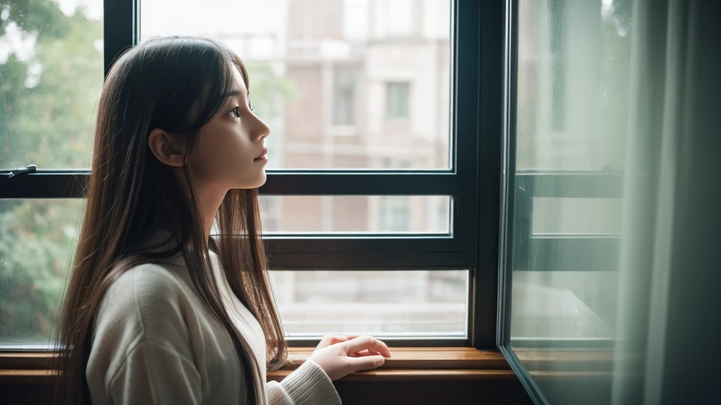 A daughter,Sense of space, A woman with long hair standing in front of a window