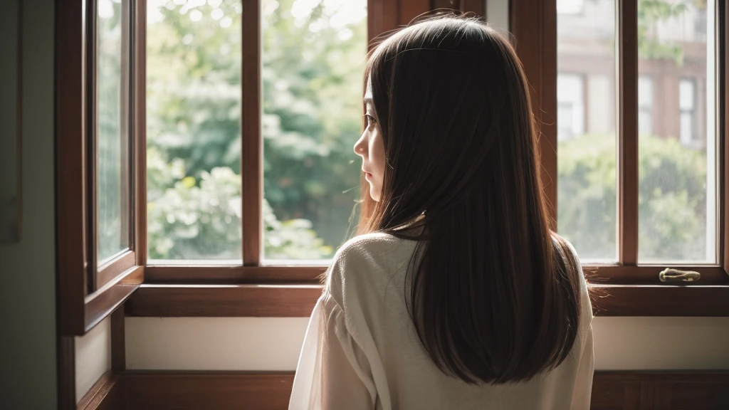 A daughter，Sense of space, A woman with long hair standing in front of a window