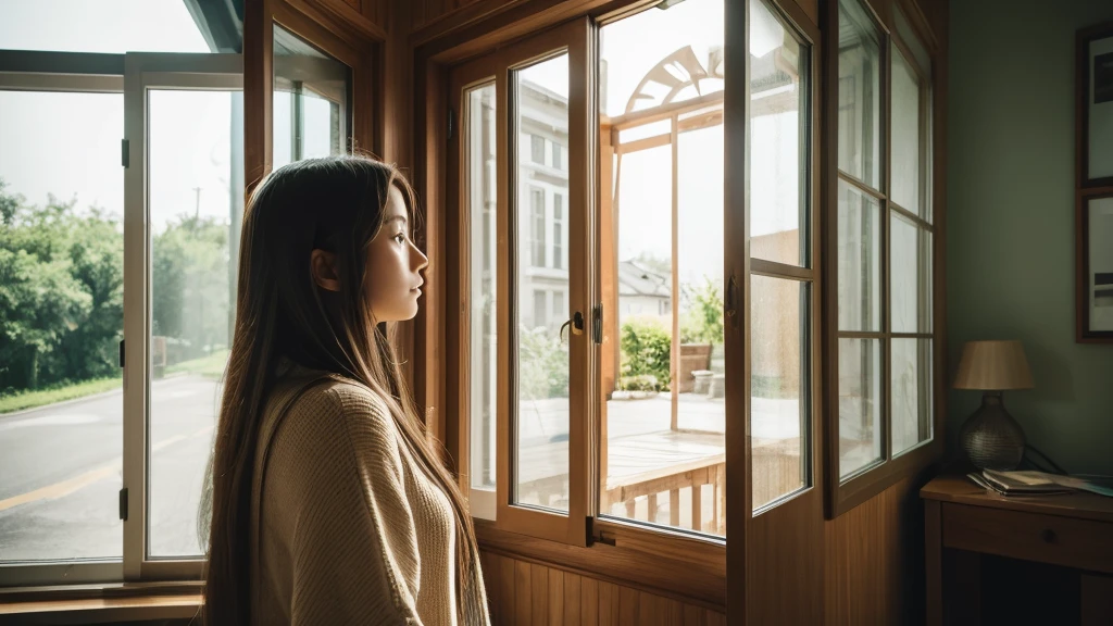 A daughter,Sense of space, A woman with long hair standing in front of a window