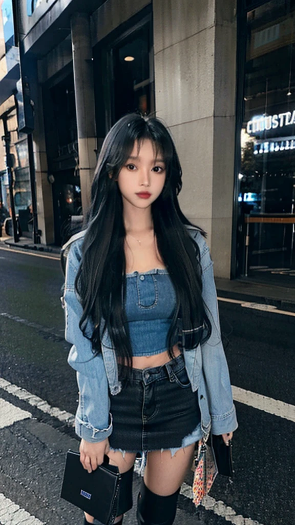 A blue denim jacket,Black tube top,Black high heels,Close-up shot of long-haired teenage girl in blue denim miniskirt standing on city street,Full body close-up