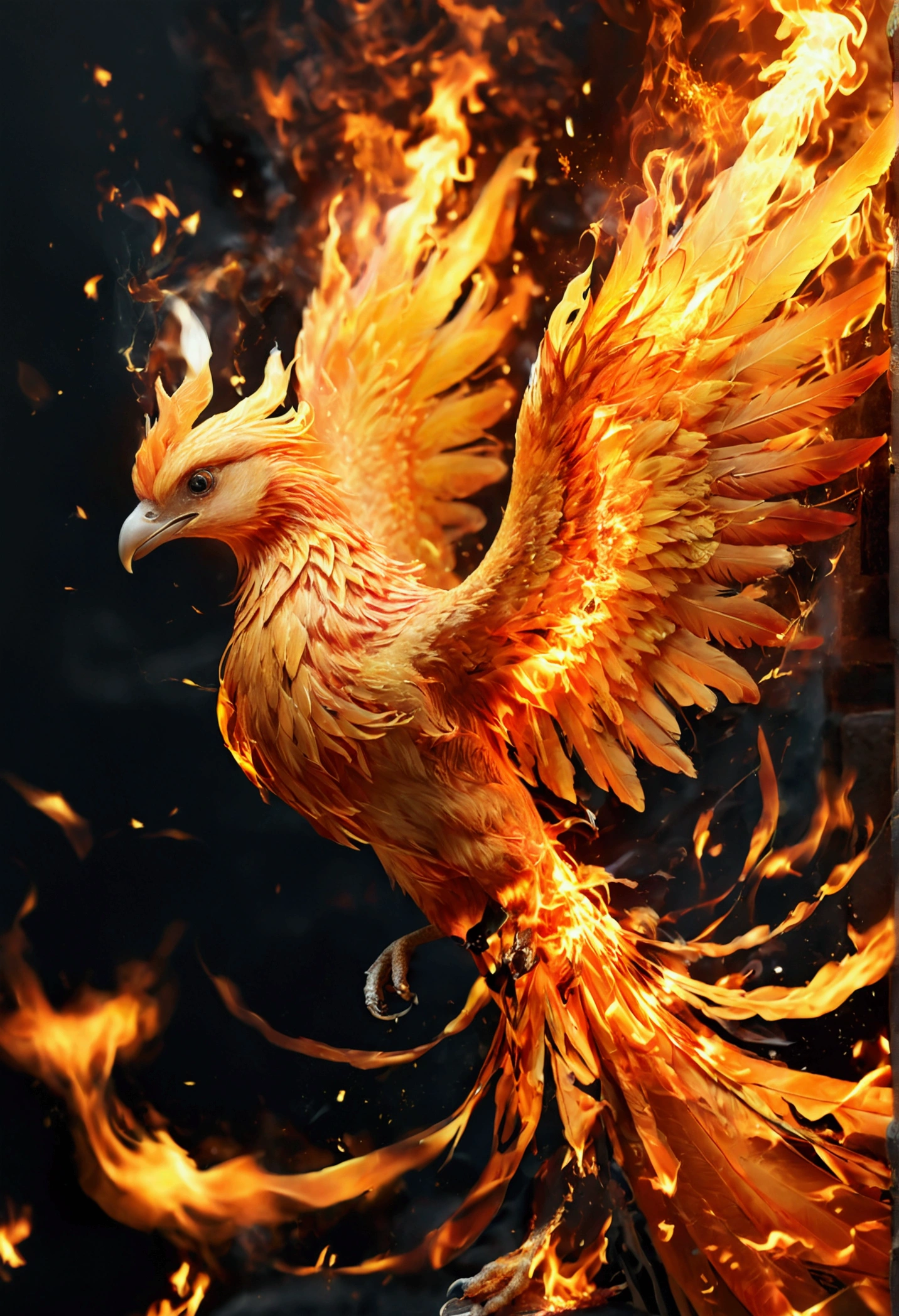 (Divine bird),(flaming Phenix),(Flames outline the body of the phoenix,Energy body),The phoenix flaps its wings,(Shining with golden light),Intense light effects,Solitary,night,Multiple contours,First-person elevation angle,Super Detail,Best quality,masterpiece,(8K),Extremely detailed,Epic artwork
