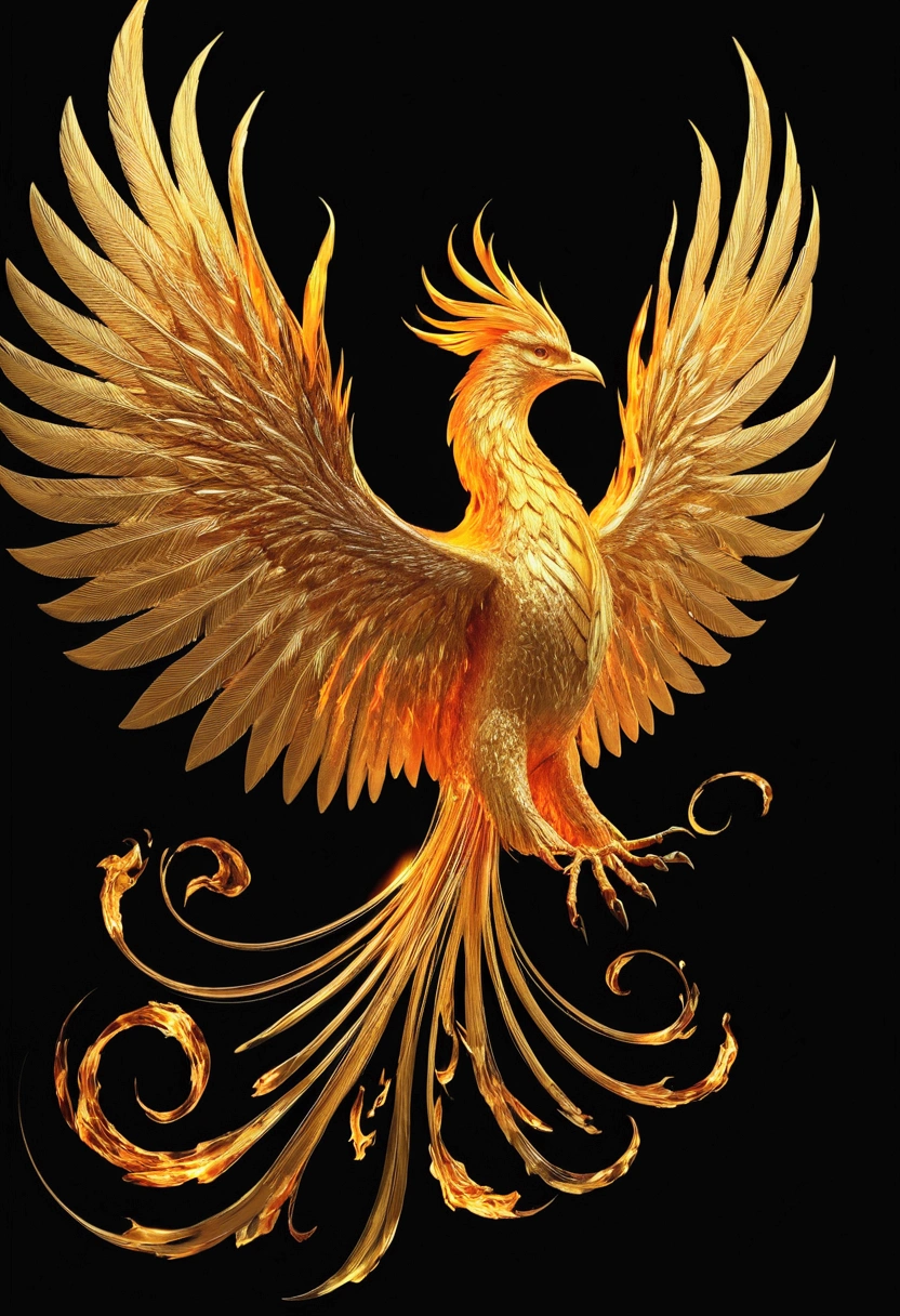 （Divine bird），（flaming Phenix），（Flames outline the body of the phoenix，Energy body)，The phoenix flaps its wings，(Shining with golden light)，Intense light effects，Solitary,night,Multiple contours，First-person elevation angle，Super Detail，Best quality，masterpiece，（8K)，Extremely detailed，Epic artwork