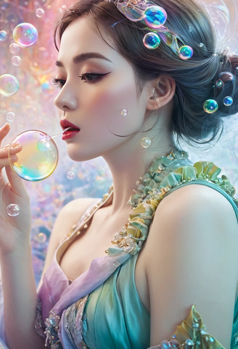 A painting,The painting shows a woman in a dress blowing bubbles, Loish and Wallop, ethereal bubbles, Mobis + Loish + Wallop, Dreamy and detailed, intricate Wallop, closeup fantasy with water magic, fairytale artwork, fairytale painting, Anna Dittmann (Anna Dittmann) style, Wallop art, Realistic fantasy, Artgerm Julie Bell Beeple
