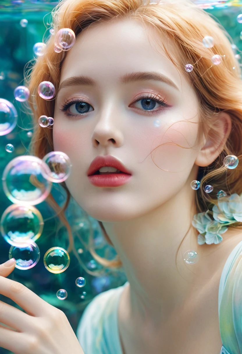 A painting,The painting shows a woman in a dress blowing bubbles, Loish and Wallop, ethereal bubbles, Mobis + Loish + Wallop, Dreamy and detailed, intricate Wallop, closeup fantasy with water magic, fairytale artwork, fairytale painting, Anna Dittmann (Anna Dittmann) style, Wallop art, Realistic fantasy, Artgerm Julie Bell Beeple