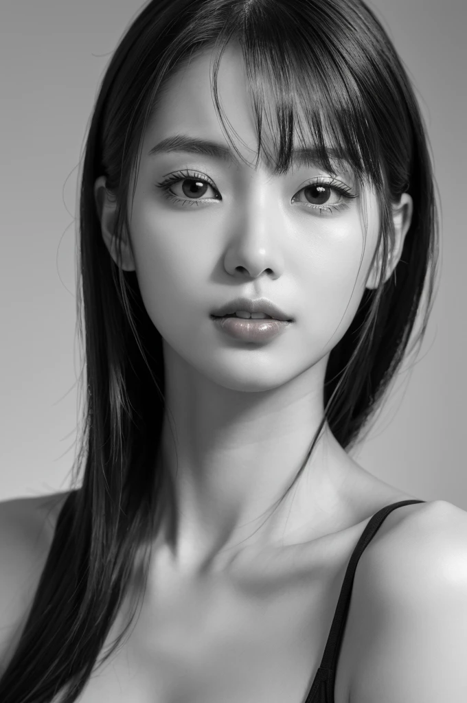 masterpiece, Highest quality, Photorealistic, Super detailed, In detail, High resolution, 8k wallpaper, Professional, High level of detail, ((Black and white photography)), One Girl, Skinny Japanese woman, ((Look forward)), ((Only the lips are red)), Collarbone Detail, Perfect Face, Straight hair, (Look straight at the camera)