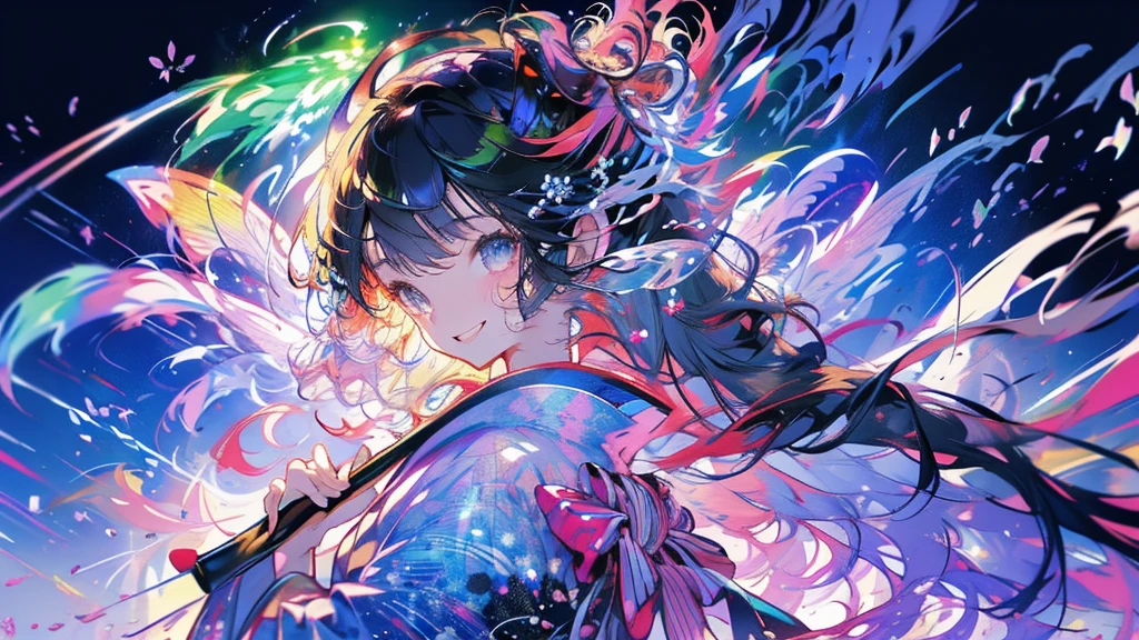 masterpiece、Rainbow Hair、Delicate eyes、smile、Delicate eyes、Hair tied up、Beautiful hair ornaments、kimono、(((firework)))、whole body