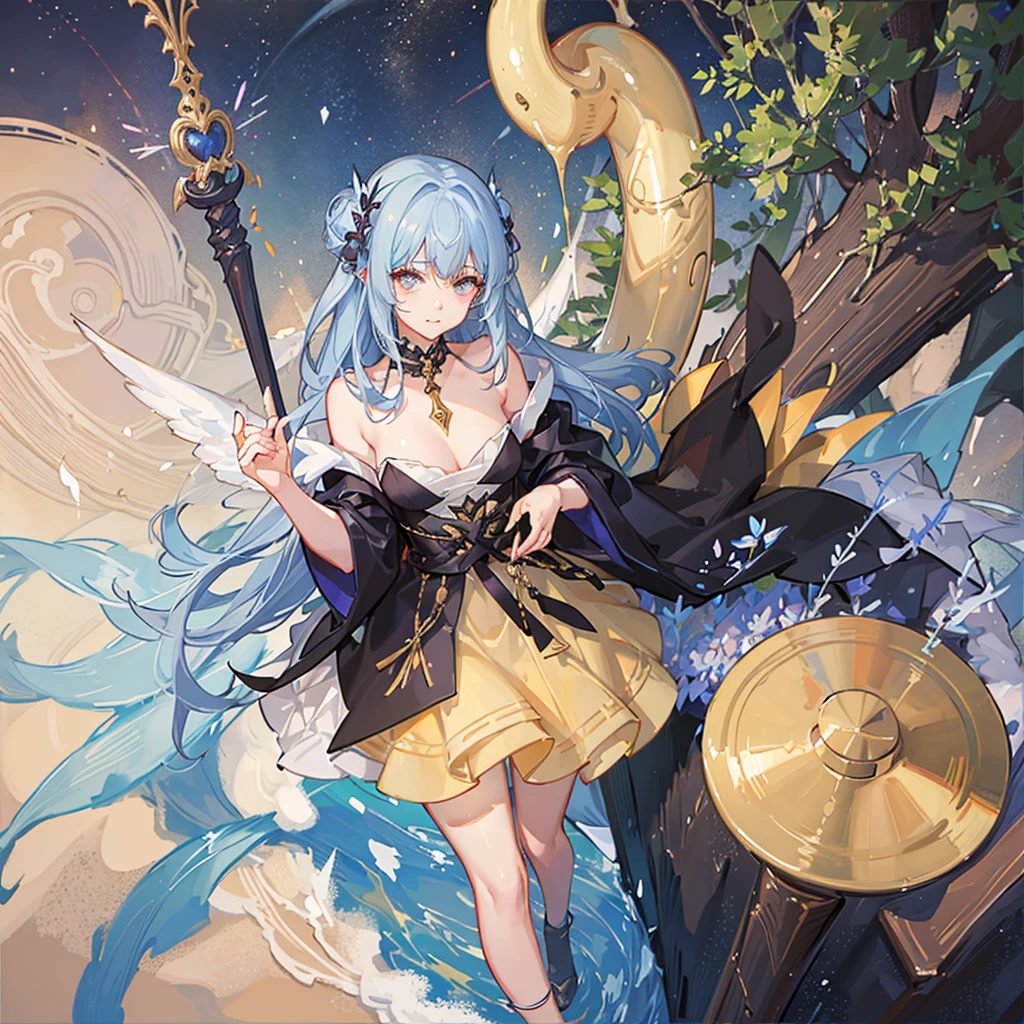 layered textures, Single Color, Calotype, Beautiful slim Yuan Dynasty Lady, Big Boobs, Long Blue-Green hair, Offset print, Abstract Art, Oversaturated, Blue long dress, Playing Harp, Facing Viewer, Floating,