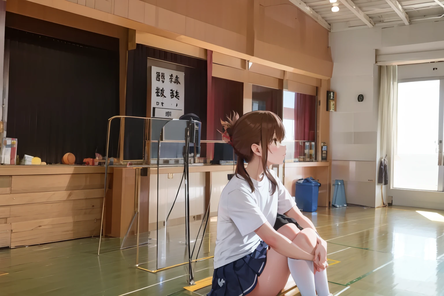 A female student in a sailor uniform sitting on the floor of the gymnasium and watching a physical education class because she feels unwell,(masterpiece, best quality:1.2),illustration,8K,HD,1girl,独奏,upper body,(portrait:1.2),brown_hair,folded_ponytail,brown_eyes,serafuku,long_hair,school_uniform,skirt,pleated_skirt,