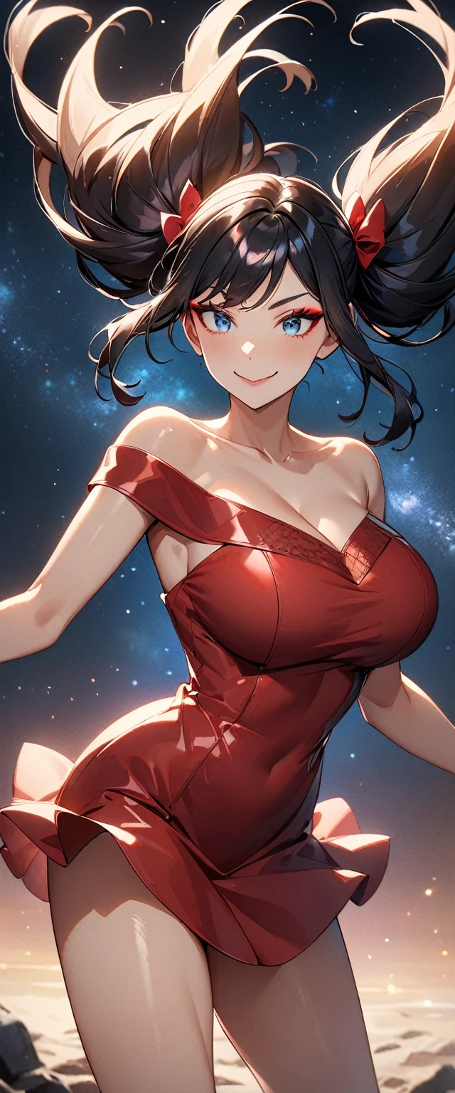Photo of a woman with natural skin, Cowboy Shot, Standing up to the wind, Dynamic pose, Smiling, High Twintails, Black hair with red mesh, Sharp eyes with red eyeshadow, Shining eyes, A thin, upturned nose, Well-shaped lips, ((Navy blue off-the-shoulder dress, Short dress)), Big Breasts, barefoot, Makeup, Exquisitely crafted with the utmost attention to detail, Vibrant, amazing, Smooth, Cinematic, 4K, Backlight, ((A wide wilderness with a beautiful starry sky)), Shallow depth of field, ((Detailed eyes:1.3, Detailed lips:1.3, high quality, )), masterpiece, Super detailed images, High quality