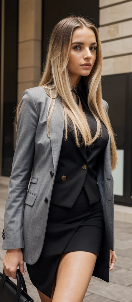 A realistic photo of beautiful italian business woman with professionnal black skirt suit, long straight blonde hair, high quality, very detailed, perfect fit, looking at the camera