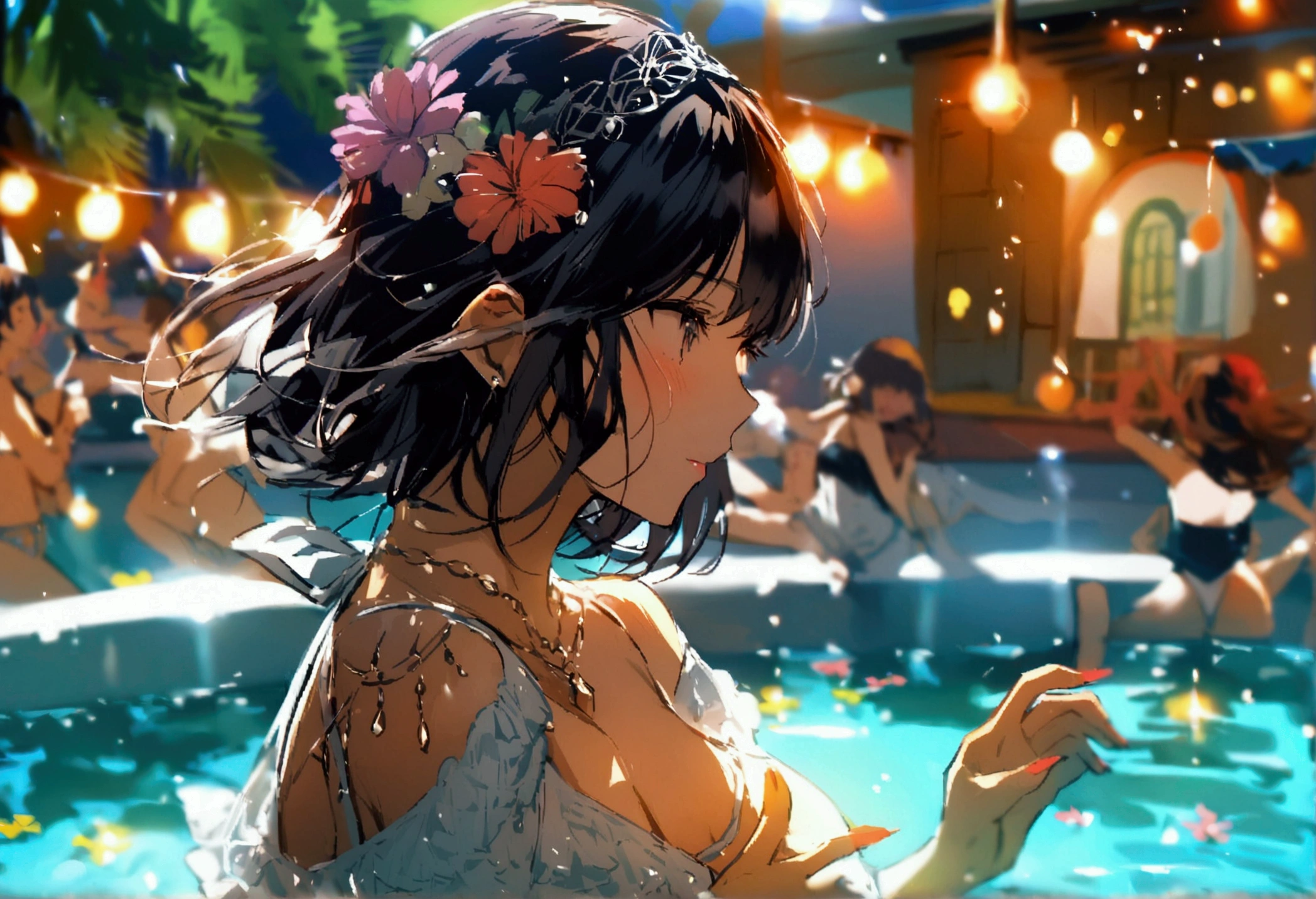 Many people are dancing by the pool、summer night