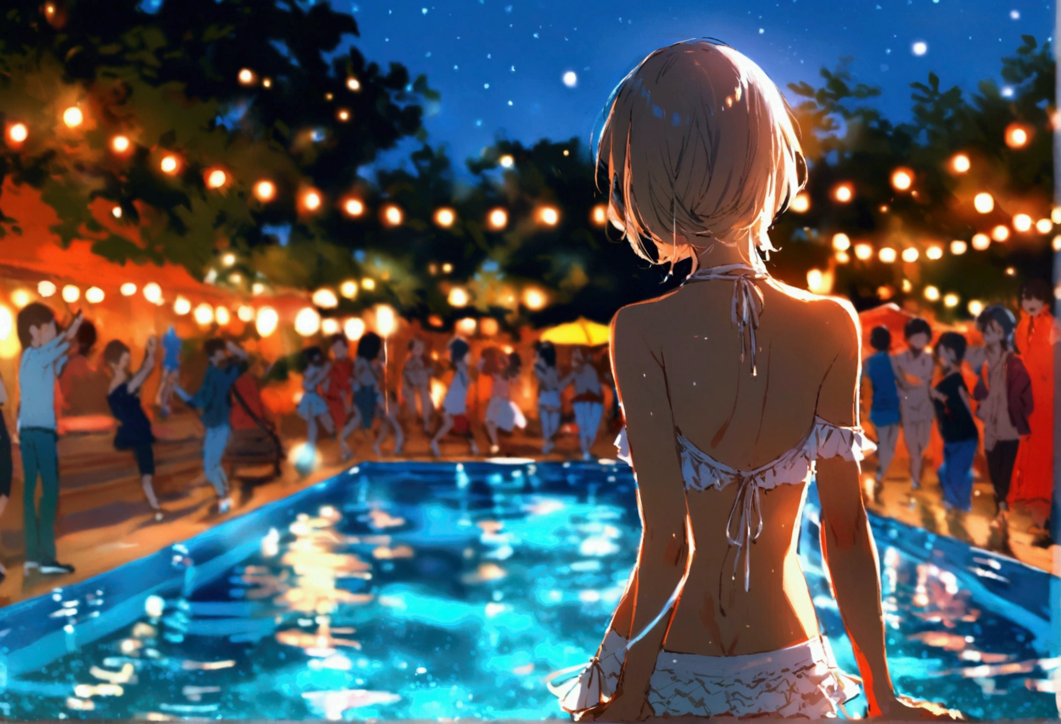 Many people are dancing by the pool、summer night