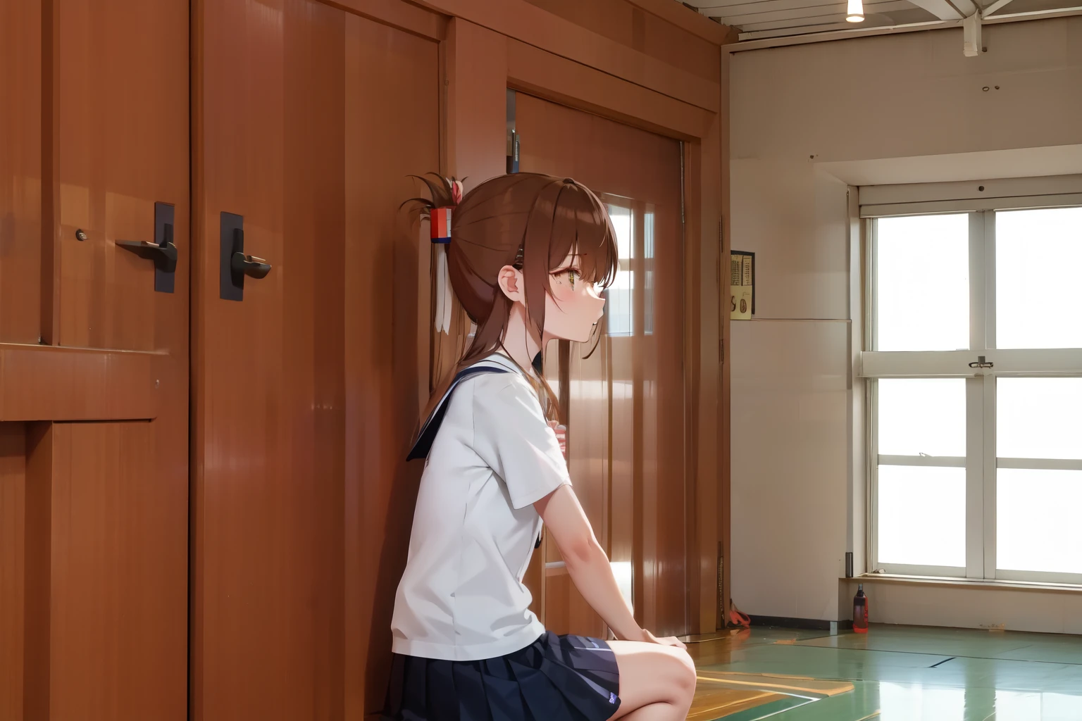 A female student in a sailor uniform sitting on the floor of the gymnasium and watching a physical education class because she feels unwell,(masterpiece, best quality:1.2),illustration,8K,HD,1girl,独奏,upper body,(portrait:1.2),brown_hair,folded_ponytail,brown_eyes,serafuku,long_hair,school_uniform,skirt,pleated_skirt,
