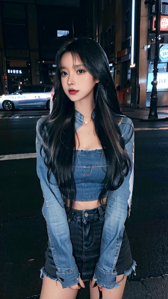 A blue denim jacket,Black tube top,Black high heels,Close-up shot of long-haired age girl in blue denim miniskirt standing on city street,Detailed face and skin texture,Full body close-up