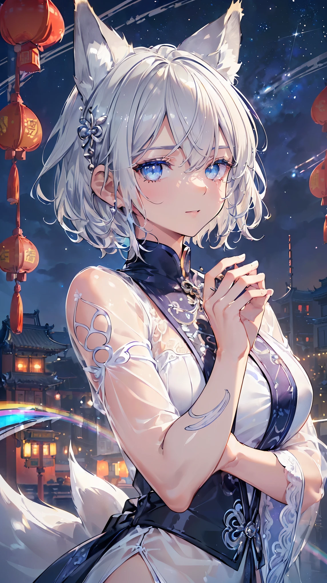 (((Masterpiece))), (((Highest quality))), ((Ultra-detailed)), ((Super fine illustration)), ((Ultra-fine painting)), (16K highest quality wallpaper:1.4), (Upper body:1.6), HDR, (Highly detailed and delicate illustration style:1.8), Detailed skin texture, Detailed cloth texture, Extreme detailed description, (T-masterpiece), (Highly detailed face:1.4), (Highly detailed beautiful silver short hair:1.2), (Highly delicate beautiful blue eyes:1.2), Original, RAW photo, Professional, Intricate details, Super details, Iridescent light:1.7, Direct light:1.6, (Perfect anatomy:1.4), (Highly detailed hands:1.2), (Highly detailed fingers:1.2), (Highly detailed fingertips:1.2), (27-years-old), (Sexy), (Sexy), (Solo:1.8), Real, ((A very beautiful and attractive silver fox fashion model:1.4))
BRAKE
(Beautiful and adorable silver fox ears:1.6), (Highly detailed and delicate silver fox ears:1.2), (Beautiful and well-shaped big breasts:1.2), (Beautiful and well-shaped buttocks), (Very beautiful and shiny rainbow-colored short hair, colorful short hair:1.6), (Very beautiful and transparent blue eyes that shine in iridescent colors, colorful eyes:1.5), (Beautiful clear blue eyes with sparkling details:1.6), (Highly detailed face:1.4), (Smile:1.3), (looking at viewer:1.4), (Walking)
BRAKE
((Very beautiful and cool casual boyish outfit:1.4))
BRAKE
((A very beautiful and elaborate Chinatown night view as the backdrop:1.4), (Highly detailed and delicate starry night sky background:1.3))
BRAKE