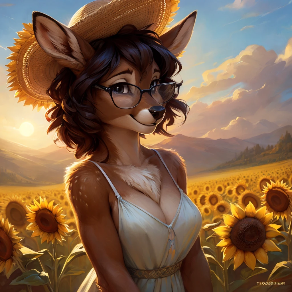 uploaded on e621, by Pixelsketcher, by Bayard Wu, by Thomas Benjamin Kennington , by Einshelm, by hioshiru and kenket, Chunie, portrait, solo anthro female deer doe, with small featureless breasts, clear dark blue, cinematic lighting, day, sunny day, sunflower field, stands in a high sunflower field, sunflower field background, sunflowers, mediterranean background, horizon background, shiny, short curly dark brown hair, wears big black nerd glasses, very very beautiful furry art, furry art, smiling, joyful, shiny, happy, feminine, cute face, muzzle, fluffy chest, flawless face, Fallow deer, 1girl, Sakimichan is beautiful, Masterpiece, Wavethesallow Face, shiny, Detailed image, portrait, Detailed image, portrait, full body, wearing pure white and wide spaghetti straps dress, wearing big and wide beige summer straw hat, shiny, realistic face, perfect anatomy, hourglass body, (furry body:1.1), anthropomorphic deer, looks at the viewer, small fluffy tail, detailed background, (cute anatomy:1.1)