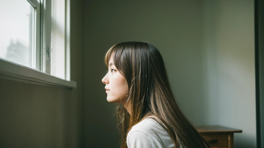 A daughter，Sense of space, A woman with long hair standing in front of a window