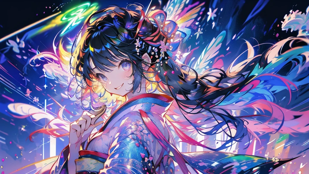 masterpiece、Rainbow Hair、Delicate eyes、smile、Delicate eyes、Hair tied up、Beautiful hair ornaments、kimono、(((firework)))、whole body