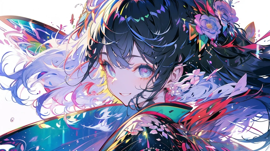 masterpiece、Rainbow Hair、Delicate eyes、smile、Delicate eyes、Hair tied up、Beautiful hair ornaments、kimono、(((firework)))、whole body