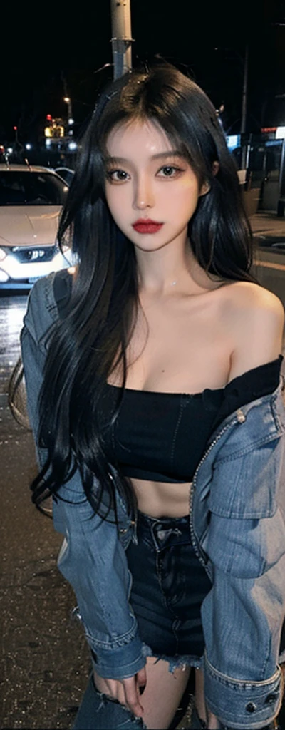 City at night，A woman with a perfect figure wearing a blue denim bomber jacket，Black tube top，Blue denim miniskirt，Black high heels，Close-up shot of posing，Full body close-up，Highly detailed face and skin textures，Detailed eyes，Double eyelids，Full body close-up