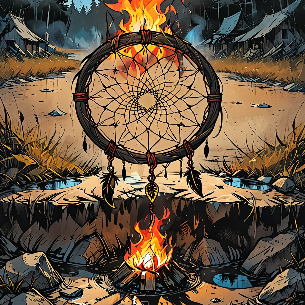the dream catcher burning ((lies on the ground)) in the mud, day, graphic style of novel comics, 2d,
8k, hyperrealism, masterpiece, high resolution, best quality, ultra-detailed, super realistic, Hyperrealistic art, high-quality, ultra high res, highest detailed, lot of details, Extremely high-resolution details, incredibly lifelike, colourful, soft cinematic light,