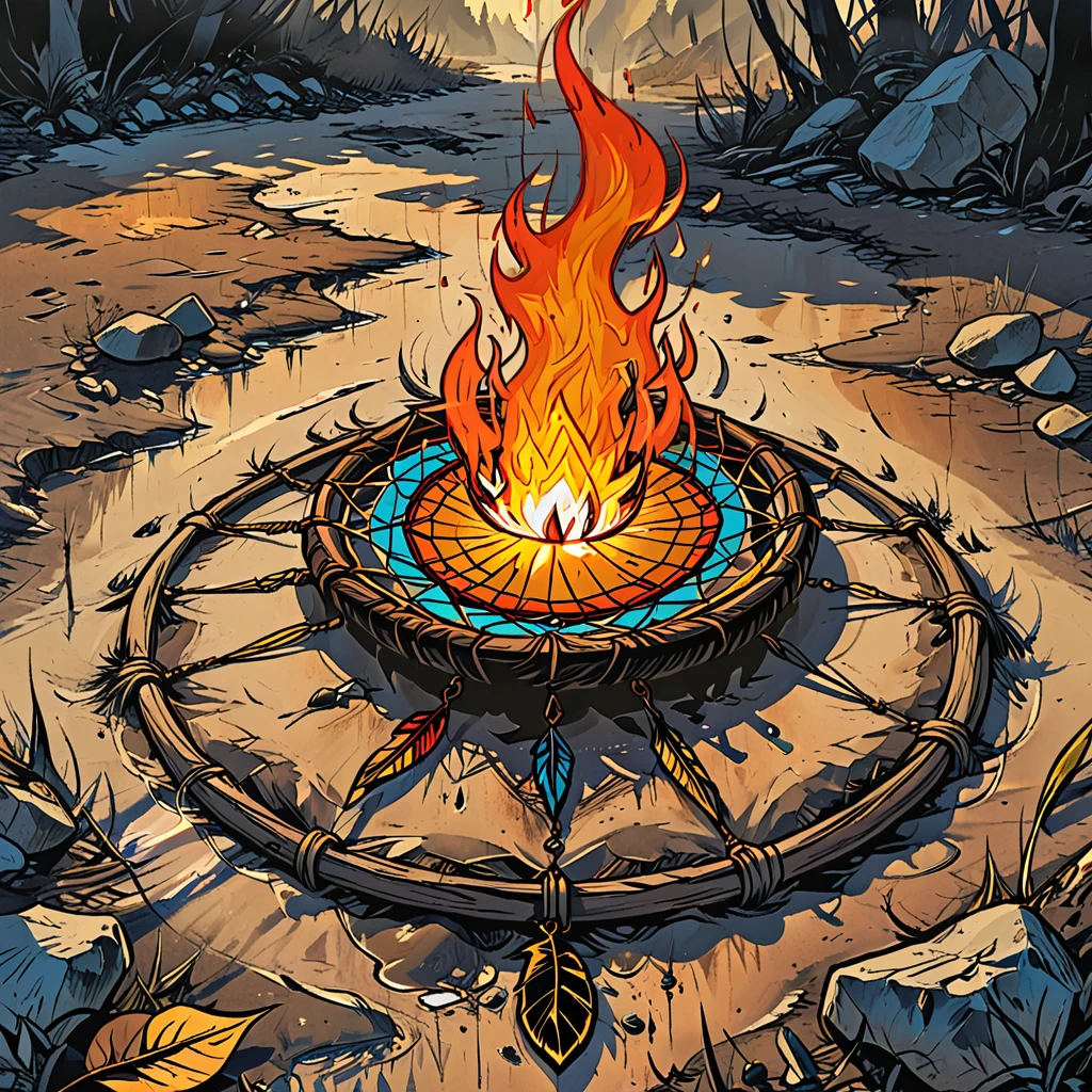 the dream catcher burning ((lies on the ground)) in the mud, day, graphic style of novel comics, 2d,
8k, hyperrealism, masterpiece, high resolution, best quality, ultra-detailed, super realistic, Hyperrealistic art, high-quality, ultra high res, highest detailed, lot of details, Extremely high-resolution details, incredibly lifelike, colourful, soft cinematic light,