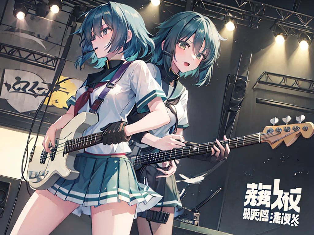 ＜High precision＞Two Girls,Guitar and vocals,Black Mini Skirt,short cut and ponytail,Music Stage,Singing passionately,Heat,Kiso(Kantai collection)