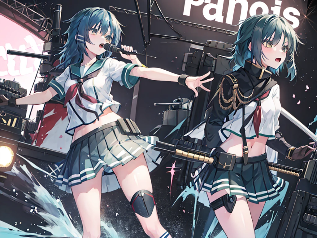 ＜High precision＞Two Girls,Guitar and vocals,Black Mini Skirt,short cut and ponytail,Music Stage,Singing passionately,Heat,Kiso(Kantai collection)