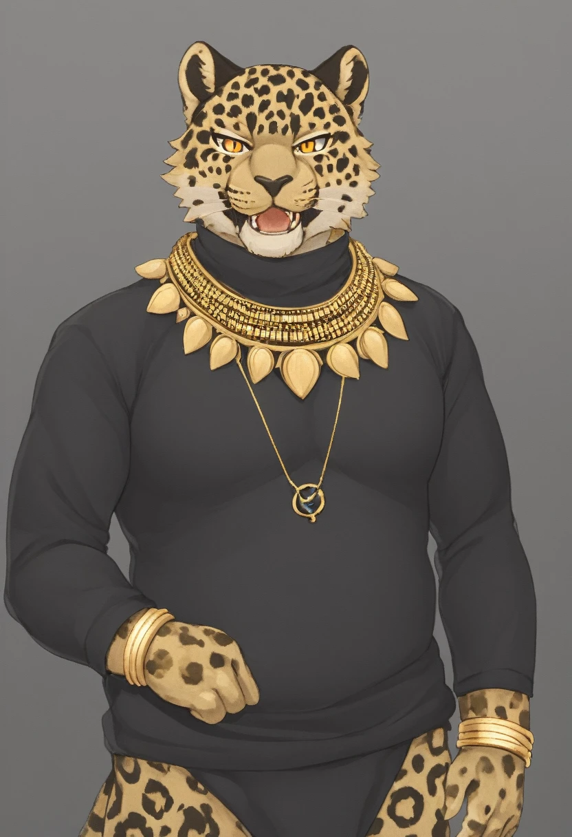 Black leopard,male,kemono,merchant outfit,gold bracelet,gold necklace,fat, 