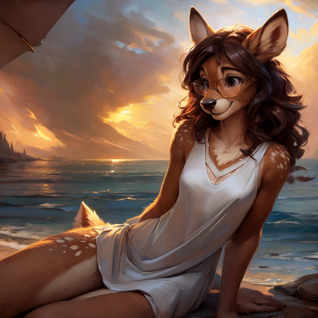uploaded on e621, by Pixelsketcher, by Bayard Wu, by Thomas Benjamin Kennington , by Einshelm, by hioshiru and kenket, Chunie, portrait, solo anthro female deer doe, with small featureless breasts, clear dark blue, cinematic lighting, day, sunny day, beach, stays in the sea, sea background, mediterranean background, horizon background, shiny, short curly dark brown hair, wears big black nerd glasses, very very beautiful furry art, furry art, smiling, joyful, shiny, happy, feminine, cute face, muzzle, fluffy chest, flawless face, Fallow deer, 1girl, Sakimichan is beautiful, Masterpiece, Wavethesallow Face, shiny, Detailed image, portrait, Detailed image, portrait, full body, wearing wide, long, white blouse, shiny, realistic face, perfect anatomy, hourglass body, (furry body:1.1), anthropomorphic deer, small fluffy tail, detailed background, (cute anatomy:1.1), windy, smiling, very happy, happy