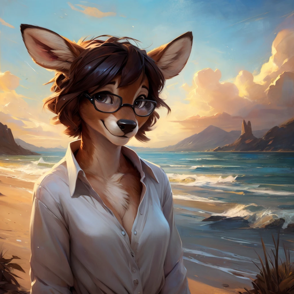uploaded on e621, by Pixelsketcher, by Bayard Wu, by Thomas Benjamin Kennington , by Einshelm, by hioshiru and kenket, Chunie, portrait, solo anthro female deer doe, with small featureless breasts, clear dark blue, cinematic lighting, day, sunny day, beach, stays in the sea, sea background, mediterranean background, horizon background, shiny, short curly dark brown hair, wears big black nerd glasses, very very beautiful furry art, furry art, smiling, joyful, shiny, happy, feminine, cute face, muzzle, fluffy chest, flawless face, Fallow deer, 1girl, Sakimichan is beautiful, Masterpiece, Wavethesallow Face, shiny, Detailed image, portrait, Detailed image, portrait, full body, wearing wide, long, white blouse, shiny, realistic face, perfect anatomy, hourglass body, (furry body:1.1), anthropomorphic deer, small fluffy tail, detailed background, (cute anatomy:1.1), windy, smiling, very happy, happy
