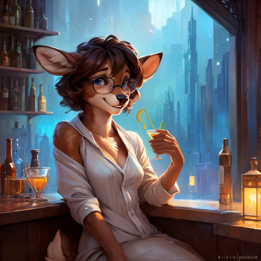 uploaded on e621, by Pixelsketcher, by Bayard Wu, by Thomas Benjamin Kennington , by Einshelm, by hioshiru and kenket, Chunie, portrait, solo anthro female deer doe, tiny featureless breasts, tiny breasts, clear dark blue, cinematic lighting, sitting on a bar counter, sitting inside at a party bar, night club background, shiny, short curly dark brown hair, shoulder length hair, wears big black nerd glasses, very very beautiful furry art, furry art, thoughtful, shiny, feminine, cute face, muzzle, fluffy chest, flawless face, Fallow deer, 1girl, Sakimichan is beautiful, Masterpiece, Wavethesallow Face, shiny, Detailed image, Detailed background, portrait, Detailed image, portrait, wears pure white wide, big blouse, shiny, realistic face, perfect anatomy, hourglass body, anthropomorphic deer, happy, very happy, small ears, huge black nerd glasses, wide happy eyes, smiles, big smile, holdind a cocktail glass, hourglass body, (furry body:1.1), anthropomorphic deer, small fluffy tail, detailed background, (cute anatomy:1.1), looks into the distance, sexy, sexy look
