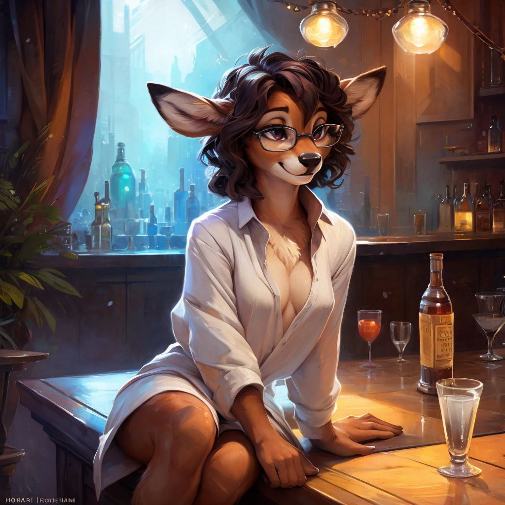 uploaded on e621, by Pixelsketcher, by Bayard Wu, by Thomas Benjamin Kennington , by Einshelm, by hioshiru and kenket, Chunie, portrait, solo anthro female deer doe, tiny featureless breasts, tiny breasts, clear dark blue, cinematic lighting, sitting on a bar counter, sitting inside at a party bar, night club background, shiny, short curly dark brown hair, shoulder length hair, wears big black nerd glasses, very very beautiful furry art, furry art, thoughtful, shiny, feminine, cute face, muzzle, fluffy chest, flawless face, Fallow deer, 1girl, Sakimichan is beautiful, Masterpiece, Wavethesallow Face, shiny, Detailed image, Detailed background, portrait, Detailed image, portrait, wears pure white wide, big blouse, shiny, realistic face, perfect anatomy, hourglass body, anthropomorphic deer, happy, very happy, small ears, huge black nerd glasses, wide happy eyes, smiles, big smile, holdind a cocktail glass, hourglass body, (furry body:1.1), anthropomorphic deer, small fluffy tail, detailed background, (cute anatomy:1.1), looks into the distance, sexy, sexy look