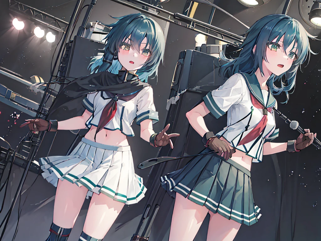 ＜High precision＞Two Girls,Guitar and vocals,Black Mini Skirt,short cut and ponytail,Music Stage,Singing passionately,Heat,Kiso(Kantai collection)