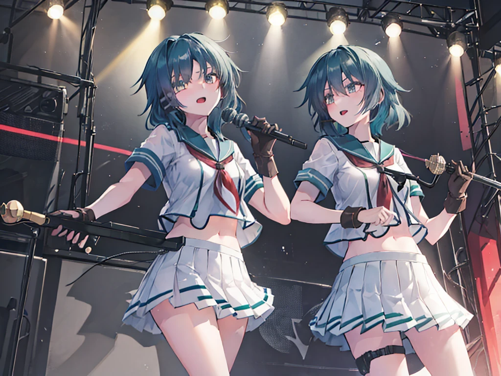 ＜High precision＞Two Girls,Guitar and vocals,Black Mini Skirt,short cut and ponytail,Music Stage,Singing passionately,Heat,Kiso(Kantai collection)