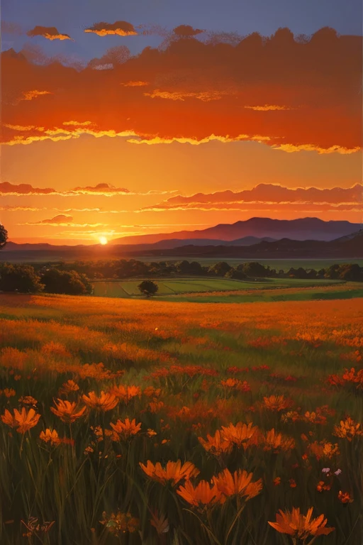 Highest quality、Landscape painting、Plains、Sunset、orange、Back view
